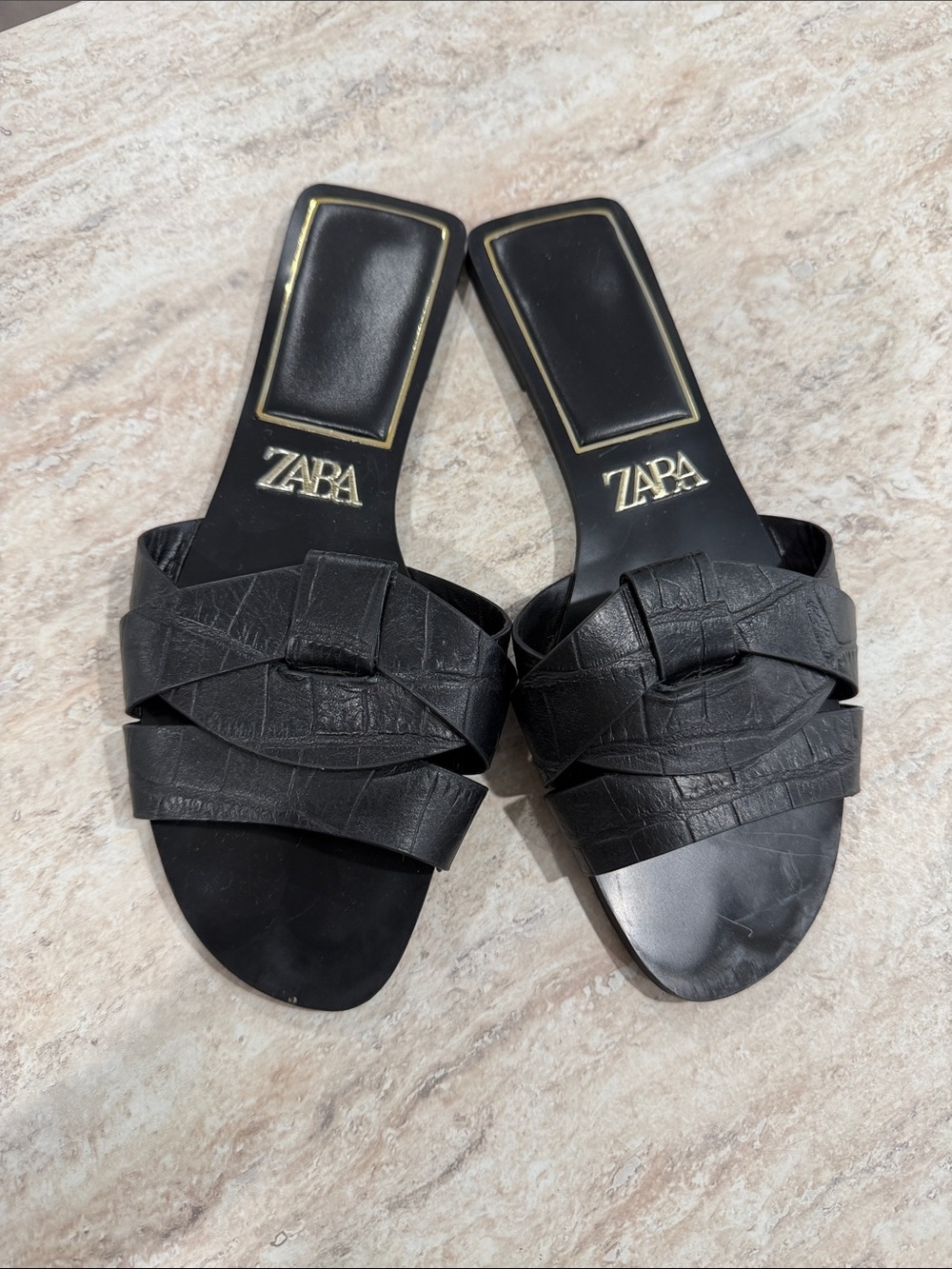 Zara Black Leather Braided Slide Mules